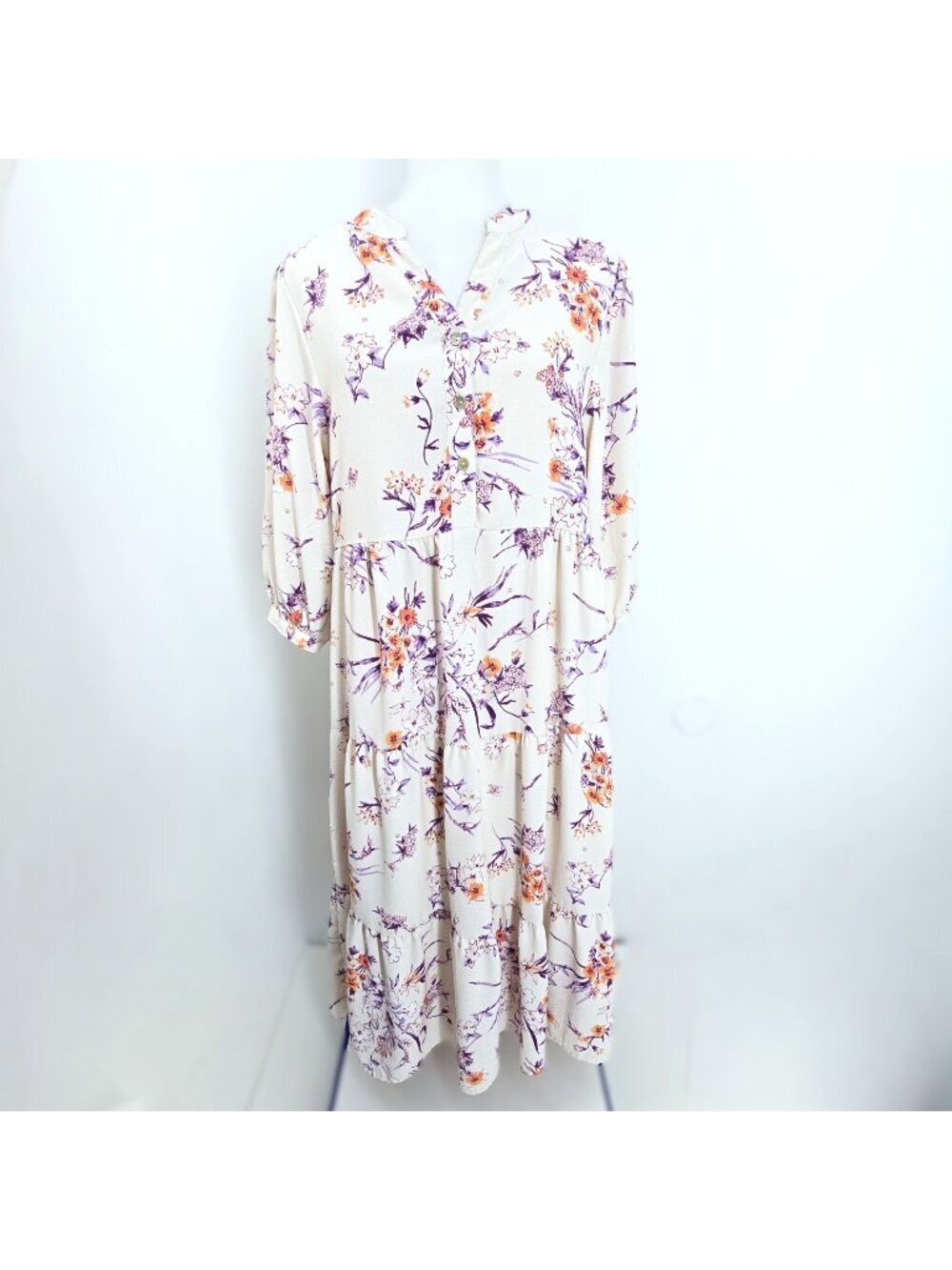 Figueroa & Flower Off White Ditsy Floral Boho Tiered VNeck Sleeve Maxi Dress L
